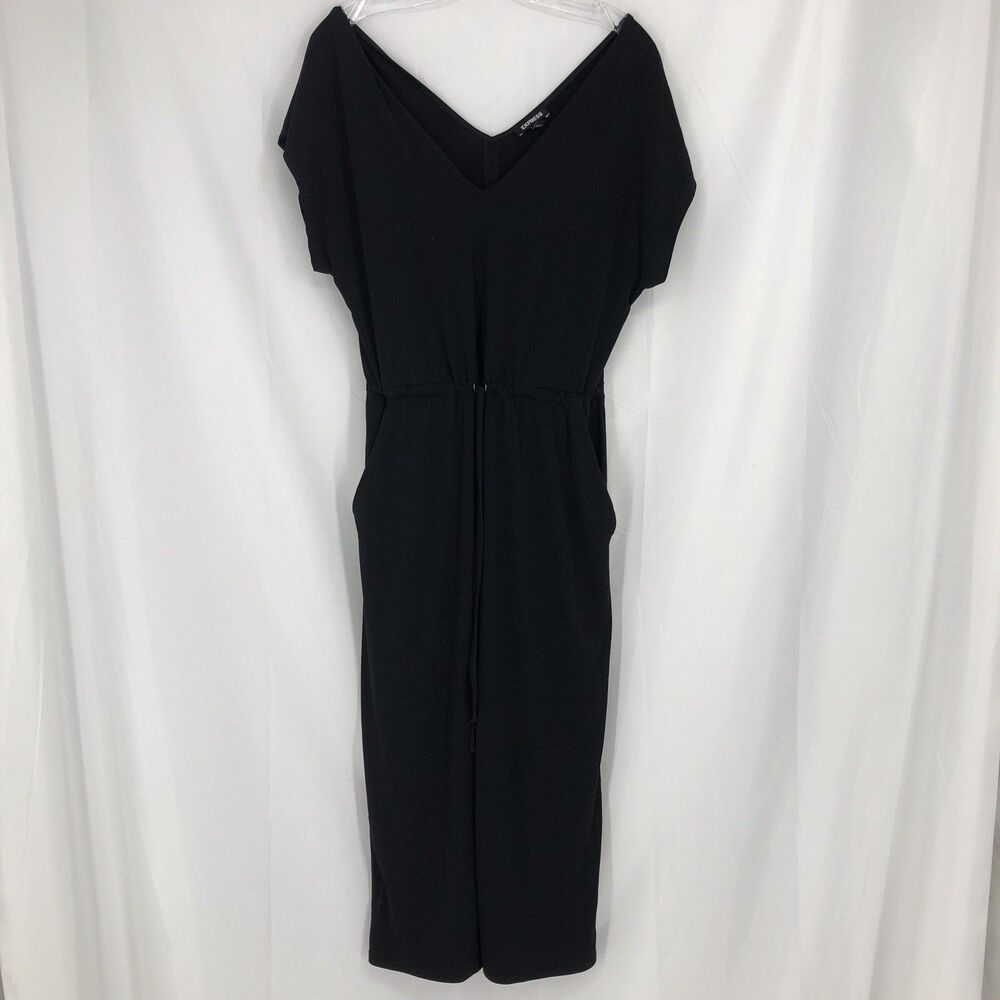 Express Black Short Sleeve Jumpsuit Womens V Neck Drawstring Stretch Size Small